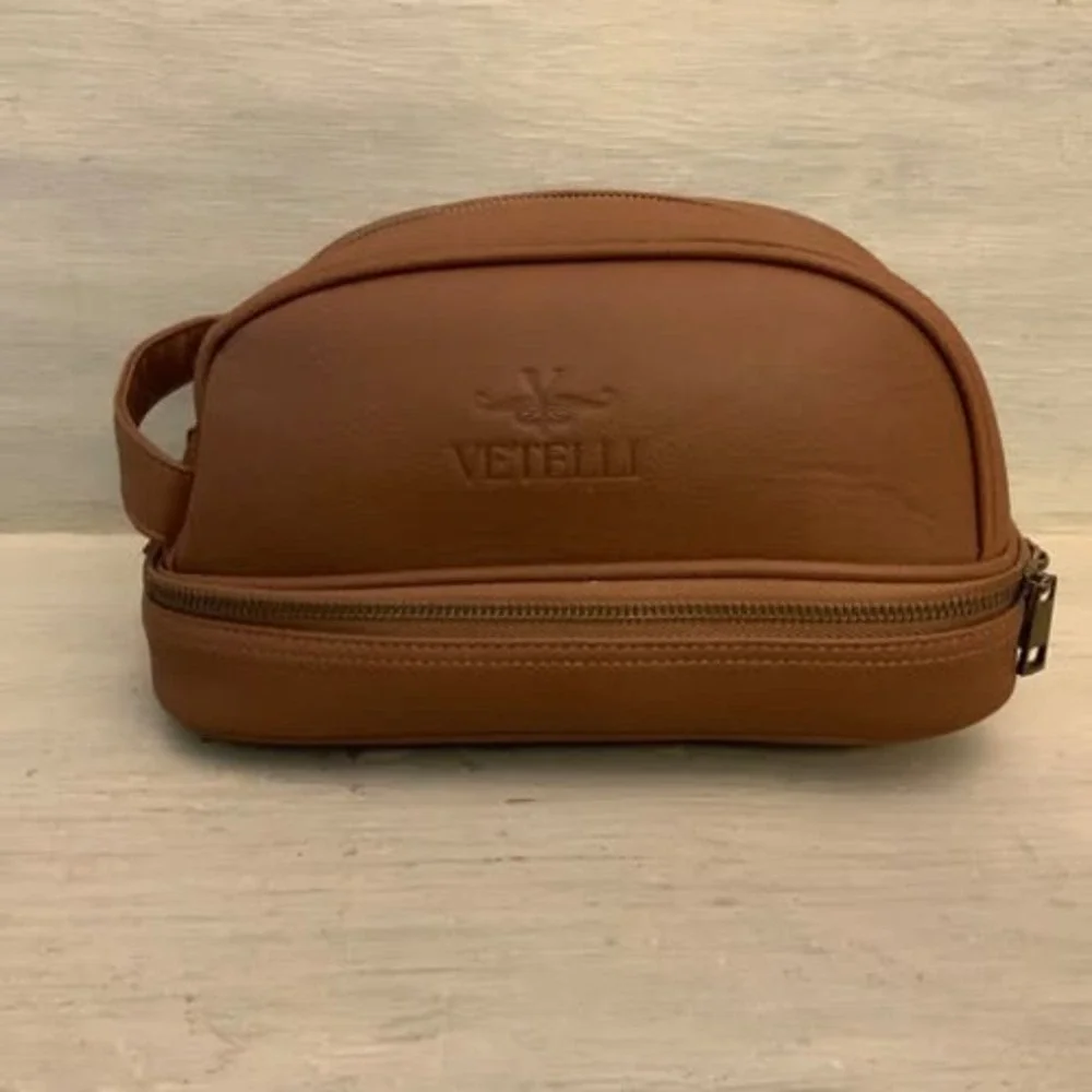 Vetelli Italian Designed Brown Faux Leather Toiletry Travel Pouch Bag GC